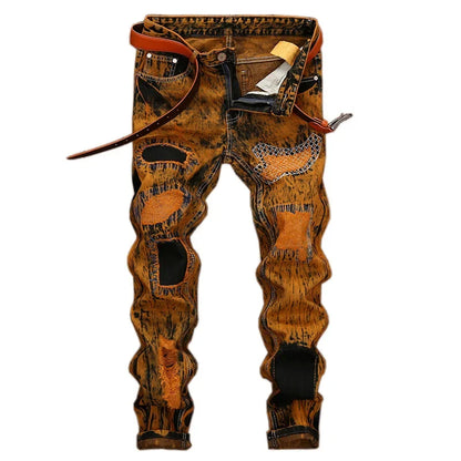 Autumn New Vintage Jeans Men's Ripped Straight Slim-fit Jeans Patchwork Personalized Distressed Hip-hop Streetwear Man Clothes