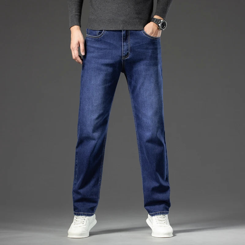 Autumn Men's Dark Blue Straight-leg Brand Jeans Classic Style Business Casual Cotton Stretch Denim Pants Male Plus Size 40 42 44