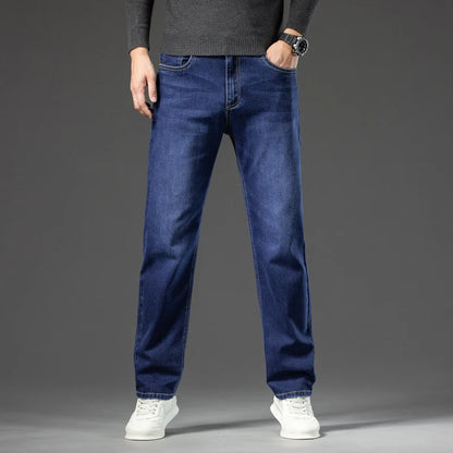 Autumn Men's Dark Blue Straight-leg Brand Jeans Classic Style Business Casual Cotton Stretch Denim Pants Male Plus Size 40 42 44