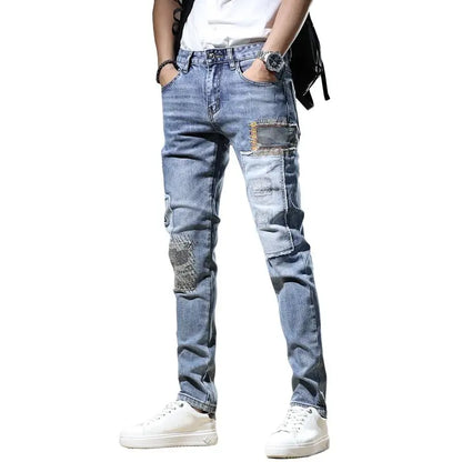 Autumn New Arrival Men's Jeans: Elastic Embroidered Patchwork Hip Hop Denim Pants Korean Style Slim Fit Cotton Trousers for Men