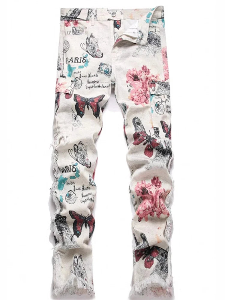 2025 Spring Summer Streetwear Jeans Mens Vintage Butterfly Print Straight Jean Pants Men Stylish Tassel Designer Denim Trousers