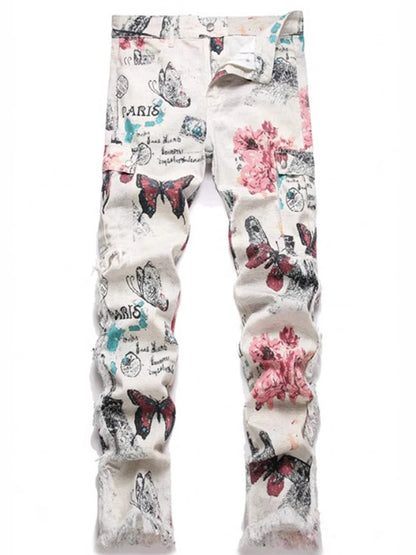2025 Spring Summer Streetwear Jeans Mens Vintage Butterfly Print Straight Jean Pants Men Stylish Tassel Designer Denim Trousers