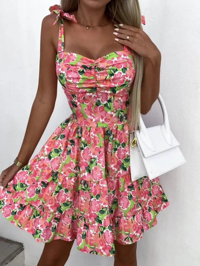 Summer Fashion Flower Print Waist Pleated Dress For Women Y2k Casual Vacation Beach Sundress Spaghetti Strap Mini Dress Female