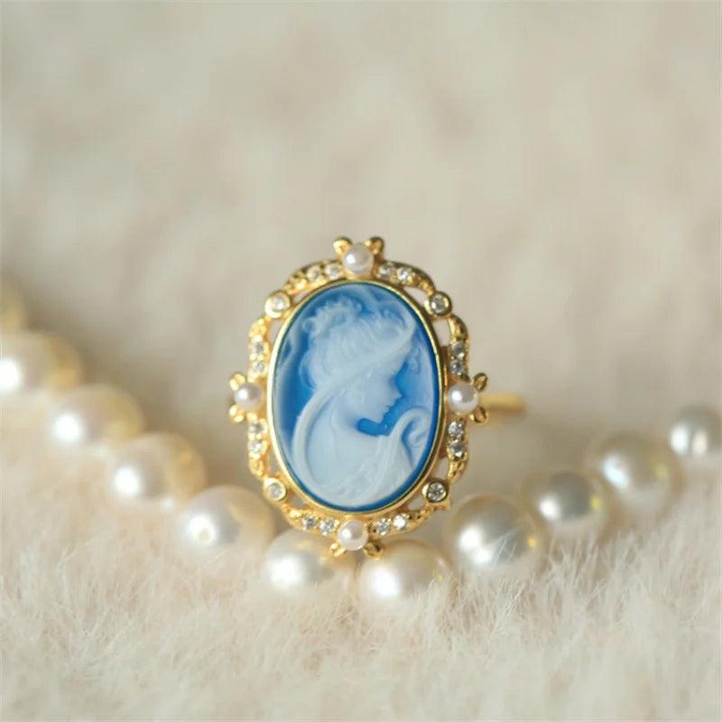 s925Silver Inlaid German Cameo Agate Relief Silver Ring Gift for Girlfriend Holiday Present