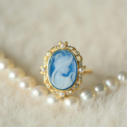 s925Silver Inlaid German Cameo Agate Relief Silver Ring Gift for Girlfriend Holiday Present