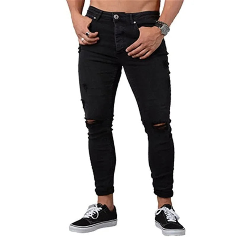 Pencil Pants Men Jeans Ripped Vintage Holes Ankle Length Denim Wash Solid Casual 2025 Pockets Slim Fit Distressed Punk Style