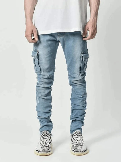 New Jeans Men Pants Wash Solid Color Multi Pockets Denim Mid Waist Cargo Jeans Plus Size Fahsion Casual Trousers Male Daily Wear
