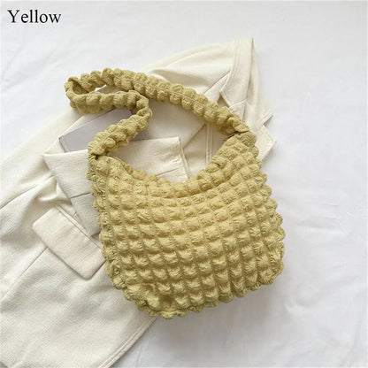 Women Plaid Quilted Large Capacity Tote Bag Crossbody Bag Solid Color Shoulder Bag Cute Pleated Bubbles Embroidered Satchel Bags