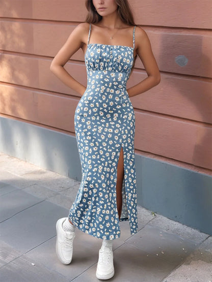 2025 Women Floral Print Dress Sleeveless High Slit Bodycon Midi Sundress French Vintage Style for Beach Date Night Office Party