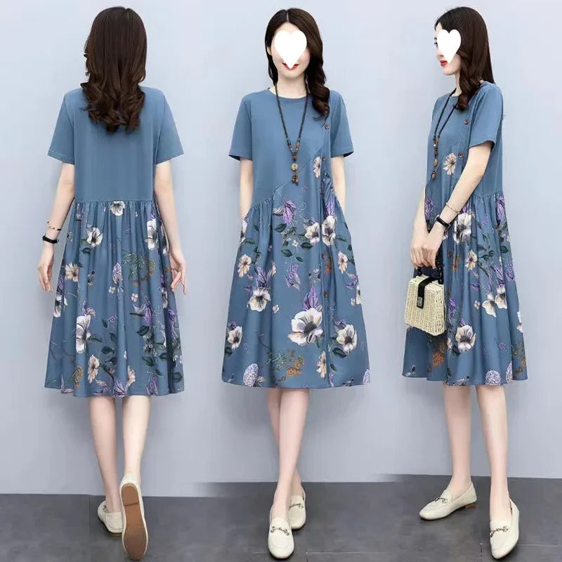 Loose Casual Women's Dress Summer New Style Retro Print plus Size Conceal Meat Slimming A- Line Skirt Fashionable Chinese Brand
