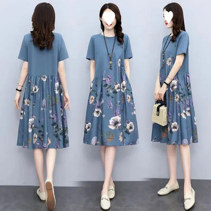 Loose Casual Women's Dress Summer New Style Retro Print plus Size Conceal Meat Slimming A- Line Skirt Fashionable Chinese Brand