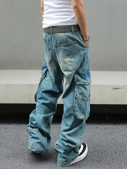 Men's Baggy Denim Cargo Pants Multi-Pocket Wide-Leg Jeans Vintage Washed Loose Fit Streetwear Style