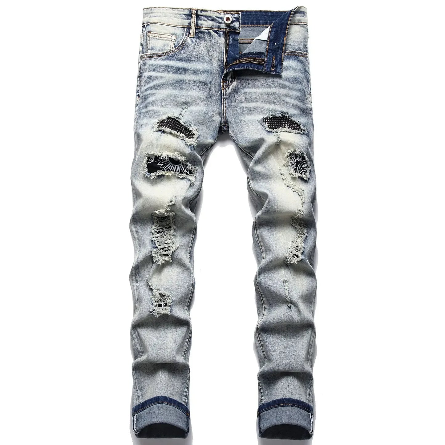 Punk Street Style Ripped Skinny Jeans Men Vintage Wash Solid Denim Trouser Mens Casual Slim Fit Pencil Denim Holes Pants 2025