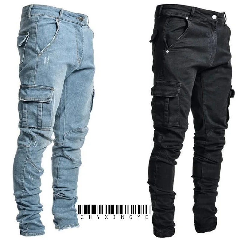 2025 New Men Street Elastic Denim Brand Jeans Narrow Legs Multi Pockets Cargo Pants Casual Slim Fit Daily Wear Joggers Mid Waist