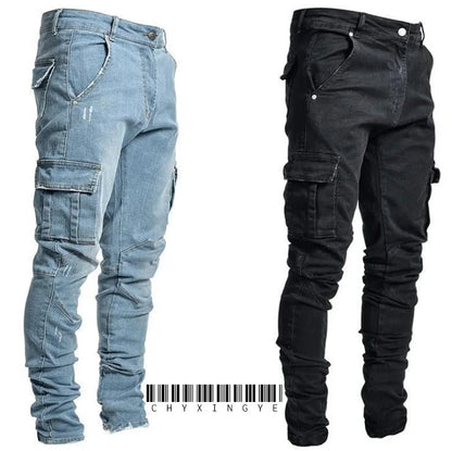 2025 New Men Street Elastic Denim Brand Jeans Narrow Legs Multi Pockets Cargo Pants Casual Slim Fit Daily Wear Joggers Mid Waist