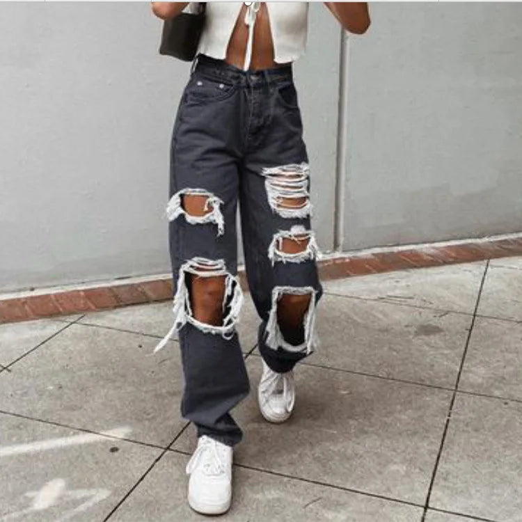 Women High Quality Washed Ripped Straight Leg Jeans, Spring New Street Personality Fashion Comfortable High Waist Wide Leg Pants