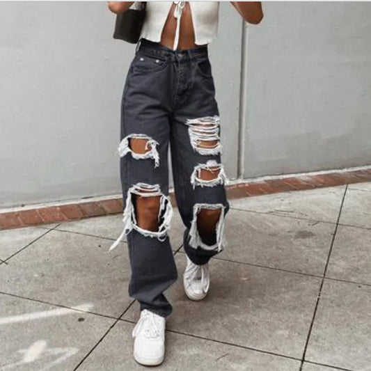 Women High Quality Washed Ripped Straight Leg Jeans, Spring New Street Personality Fashion Comfortable High Waist Wide Leg Pants