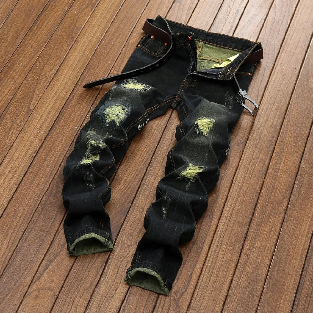 Men Jeans Long Pant Denim Pants Slim Fit Straight Trousers High Waist Solid Regular Button Pocket Splice Casual Autumn 2024