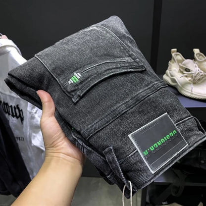 Korean Style Men's Slim Denim with Printed Foot Pattern Spring Autumn Wear Men Trousers Korean Luxury Clothing Streetwear Jeans