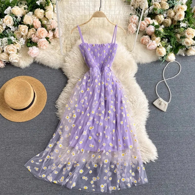 Women Dress 2025 New Summer Fashion Fairy Mesh Party Dress Korean Pop Floral Print Vacation Beach Dress Streetwear Sundress