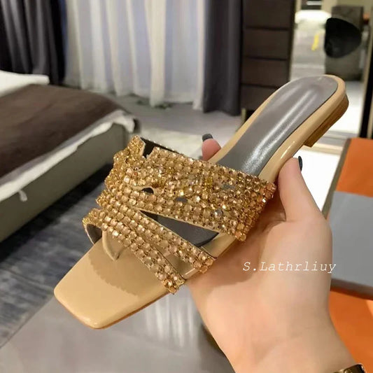 Summer Shiny Rhinestone Decor Flat Slippers Women's Square Toe Hallow Outs Casual Sandals Outdoor Vacation Beach Shoes 2025