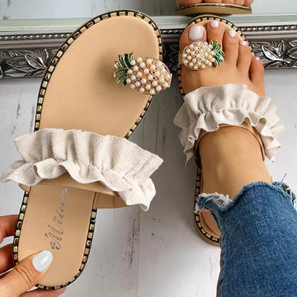 2025 Women Slipper Pineapple Pearl Flat Toe Bohemian Summer Beach Sandals Ladies Shoes plus size Mujer Verano