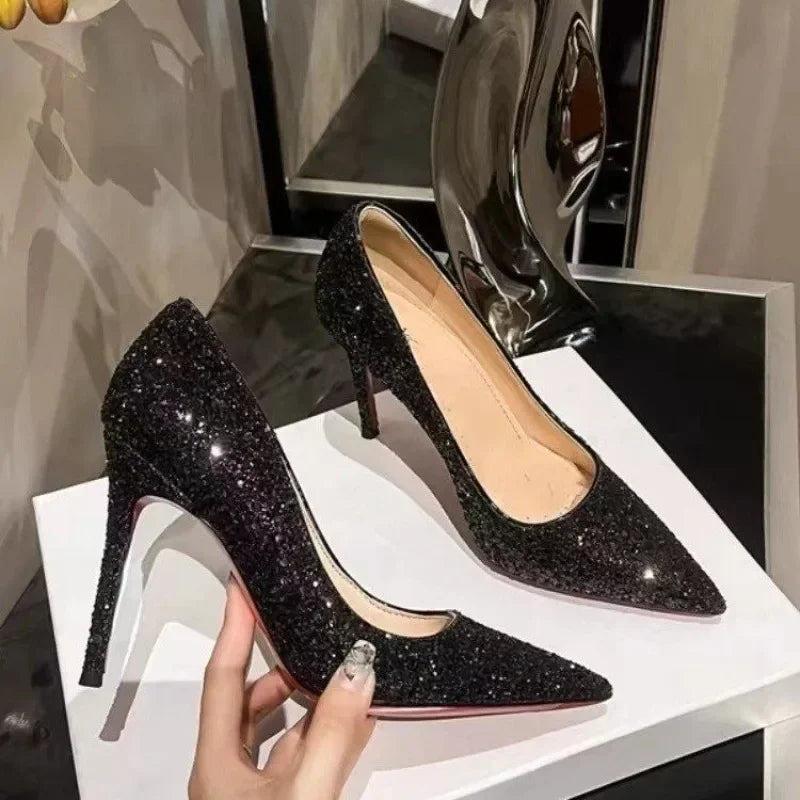 Large Size 2024 Stiletto High Heels Fashionable Sexy Sequins Banquet Professional Ladies Shoes High Heels Single Shoes