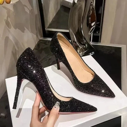 Large Size 2024 Stiletto High Heels Fashionable Sexy Sequins Banquet Professional Ladies Shoes High Heels Single Shoes