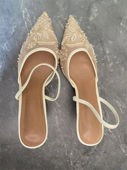 Women's Mesh Floral Embroidered Slingback High Heels Female Open Heel Pearl Studded Pointed Toe Sandals Sexy Stiletto Lady Mules