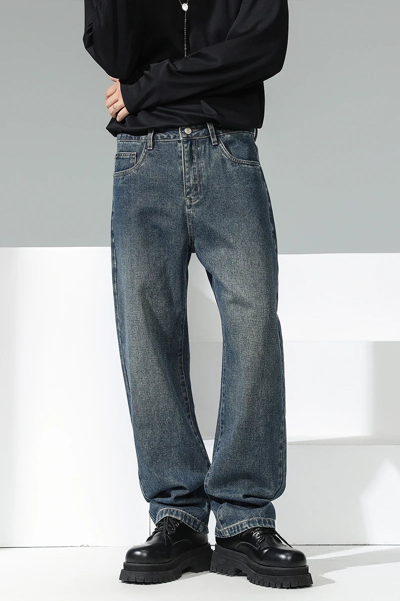 Youth Stylish Loose Fit Denim Pants Spring Retro Blue Wide Leg Jeans Soft Cotton Mid Waist Design for Daily Comfort & Durability