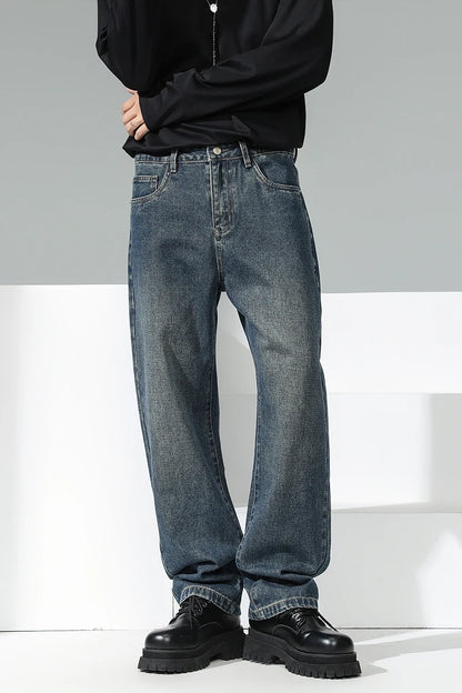 Youth Stylish Loose Fit Denim Pants Spring Retro Blue Wide Leg Jeans Soft Cotton Mid Waist Design for Daily Comfort & Durability