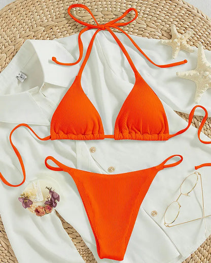 Special Pit Stripe Fabric Bikini Set Women Sexy Simple Solid Halter Bikini Swimsuit High Waisted Lace Up Beach Bathing Suit