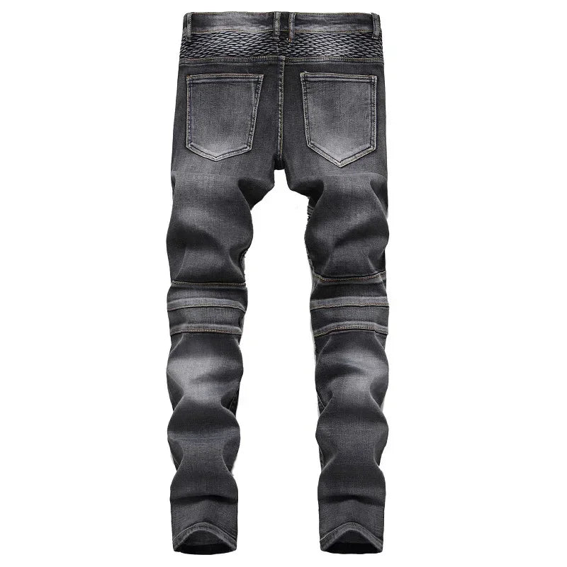 New Men's Casual Motorcycle Jeans Stretch Straight Fashion Male Hip Hop Street Riding Slim Pants Patchwork Denim Trousers