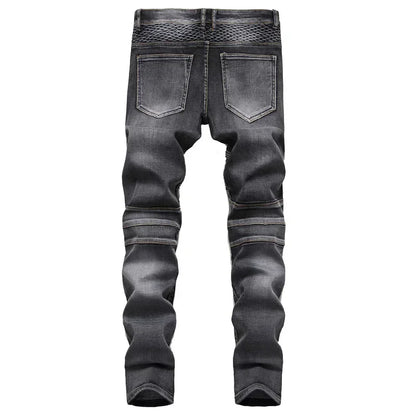 New Men's Casual Motorcycle Jeans Stretch Straight Fashion Male Hip Hop Street Riding Slim Pants Patchwork Denim Trousers