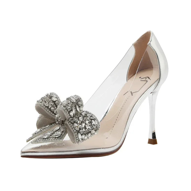 Spring and Autumn New Transparent High Heels Pointed Diamond Decorated Bow Fashion Sexy Banquet Stiletto Women's Shoes