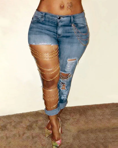 Women Jeans Pencil Pants Denim Sexy Big Holes Chain Washing Slim Pockets Streetwear Spring 2024 Slight Strech Solid Color