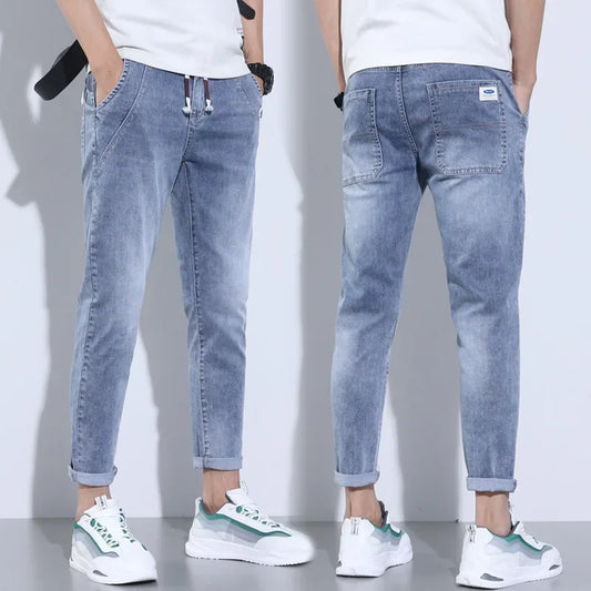 2023 New Summer Thin Style Korean Street LUXURY Work Pants Men's Elastic Waist Jogger Jeans for Work Wear Clothing Denim Jeans