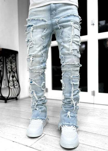 Spliced Distressed Denim Pants Men Jeans Ripped Mid Waist Pockets High Street Jean Skinny Washed Ankle Length Pencil Pants