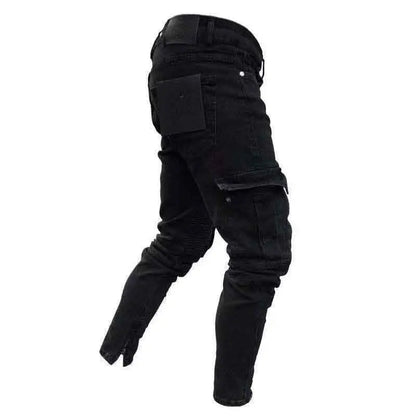Men's Black Side Many Pockets Cargo Jeans Fashion Hole Zipper Small Foot Denim Pants Cotton Elastic Jogging Trousers Streetwear
