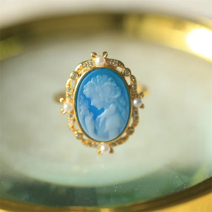 s925Silver Inlaid German Cameo Agate Relief Silver Ring Gift for Girlfriend Holiday Present