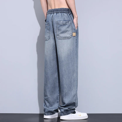 Elastic Waist Fashion Loose Jeans Men Spring Summer Thin Lyocell Classic Straight Denim Pants Casual Stretch Jogging Trousers