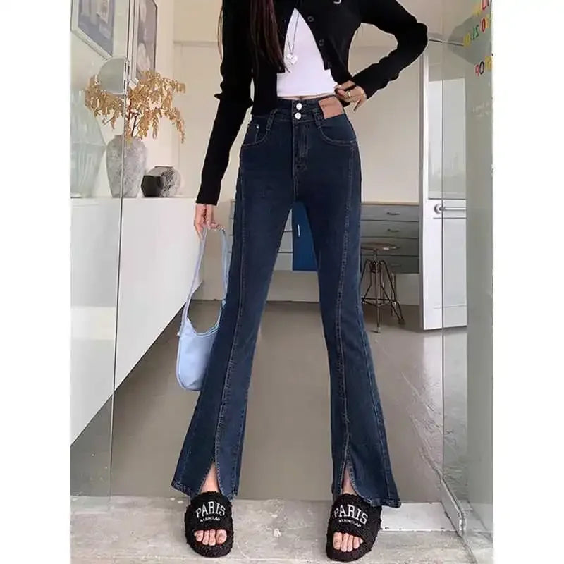 High Waist Bell Bottom Jeans for Women Sexy Lace up Design Split High Street Style plus Size Pear Shaped Body Slimming Trousers