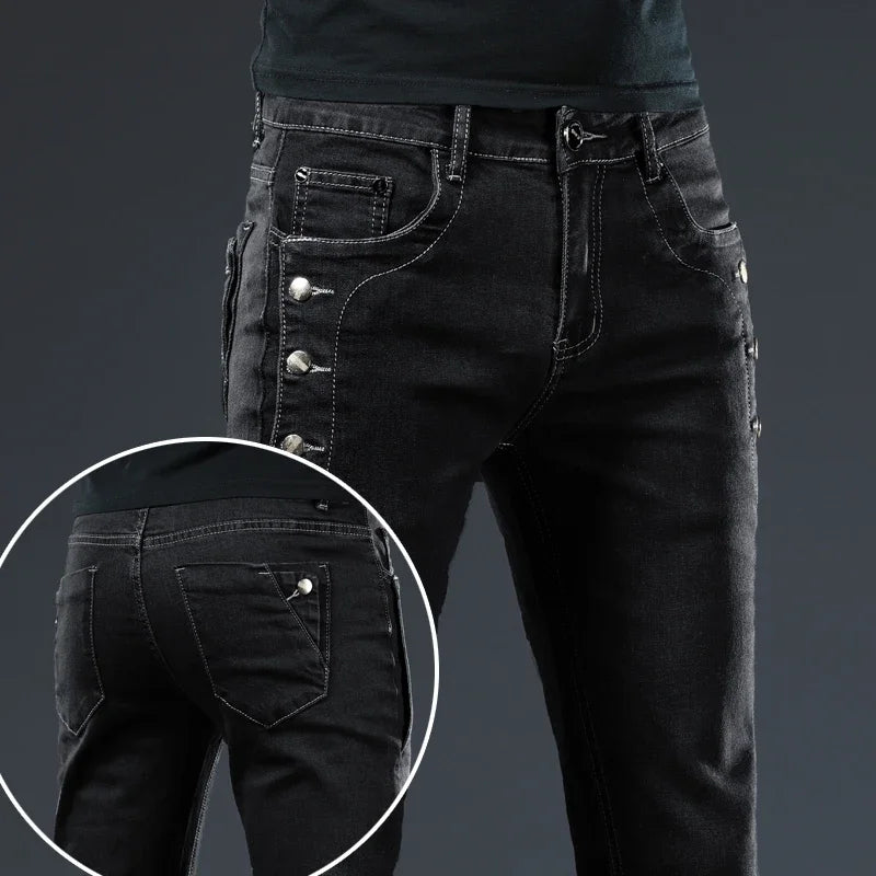 Slim Skinny Jeans Men New Elastic Korean Design Fashion Multi-Button Blue White Vintage Wash Cotton Stretch Denim Pants Trousers