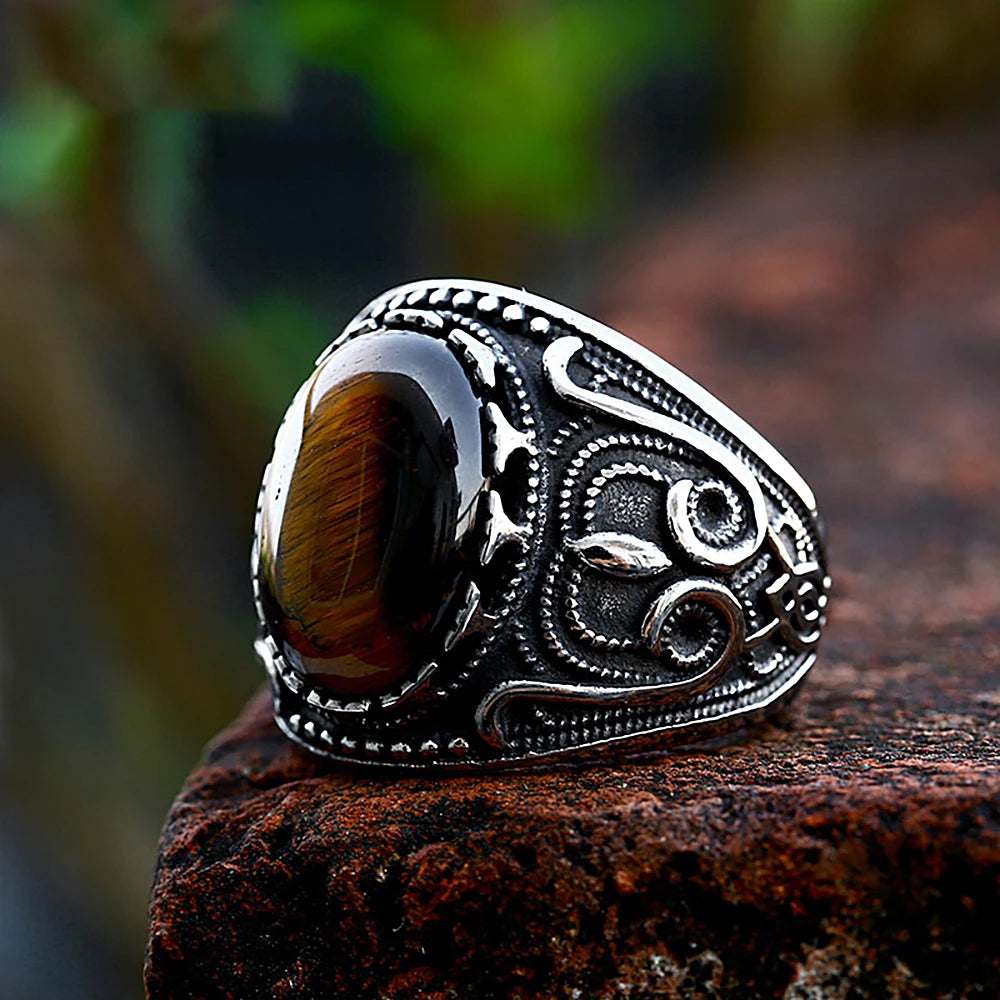 Vintage Stainless Steel Oval Brown Stone Ring For Men Punk Rock Fashion Carved Rings Natural Stone Jewelry Gift Dropshipping
