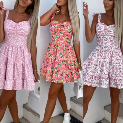 Summer Fashion Flower Print Waist Pleated Dress For Women Y2k Casual Vacation Beach Sundress Spaghetti Strap Mini Dress Female