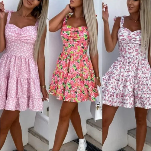 Summer Fashion Flower Print Waist Pleated Dress For Women Y2k Casual Vacation Beach Sundress Spaghetti Strap Mini Dress Female