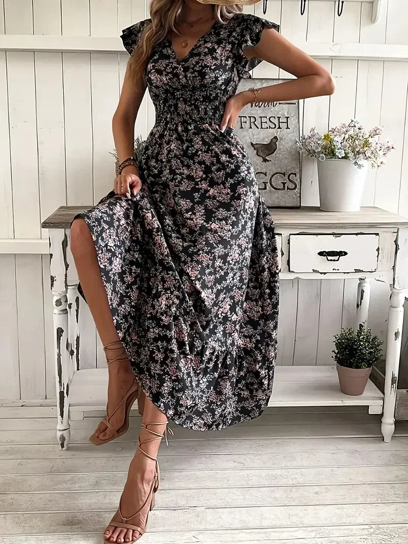 Plus Size 1XL-5XL Women's Fashion Summer Floral Print V-Neck Ruffle Hem Dress Ladies Short Sleeve Elegant Flare Dress Long Dress