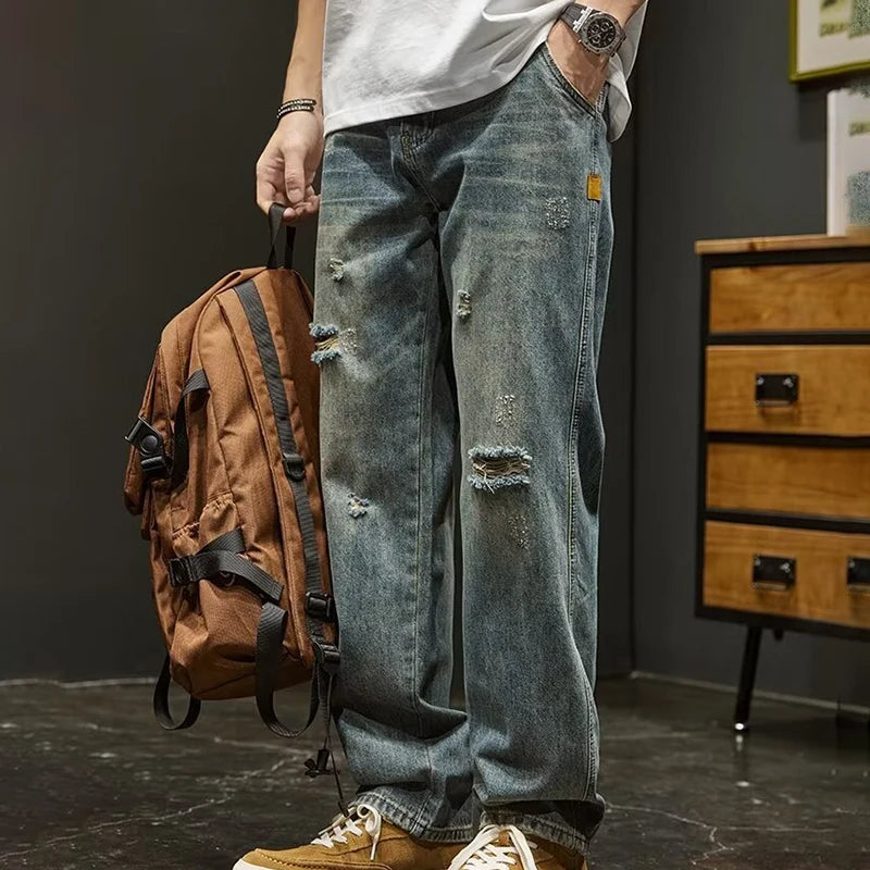 Korean Version Ripped Jeans Men'S Autumn New Retro Casual Pants High Street Loose Straight Leg Pants