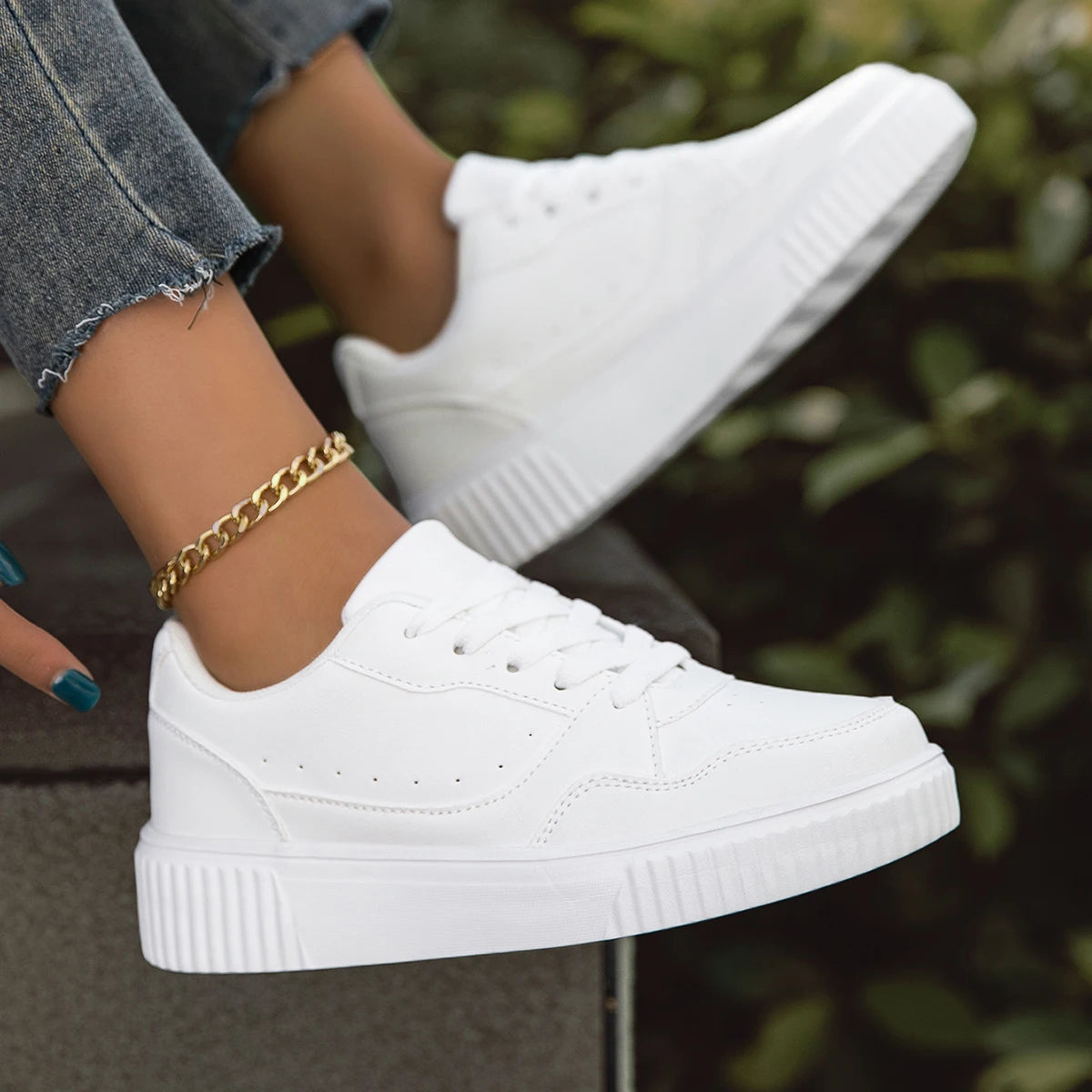 Women Shoes Lightweight Breathable Ladies White Flats Sneakers Party Casual Sports Running Fashion Office Lace-up Details Shoe