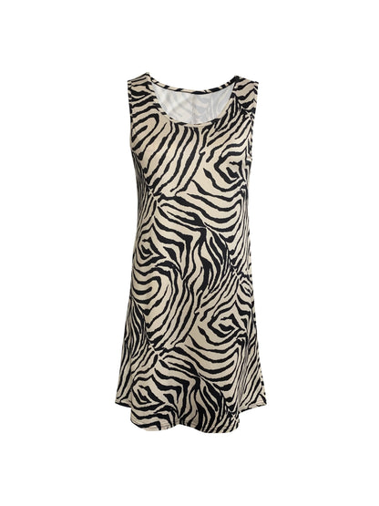 Women's Zebra Print Sleeveless Tank Dress - Round Neck Summer Sundress, Casual Vacation Outfit, Stretchy Bodycon Mini Dress